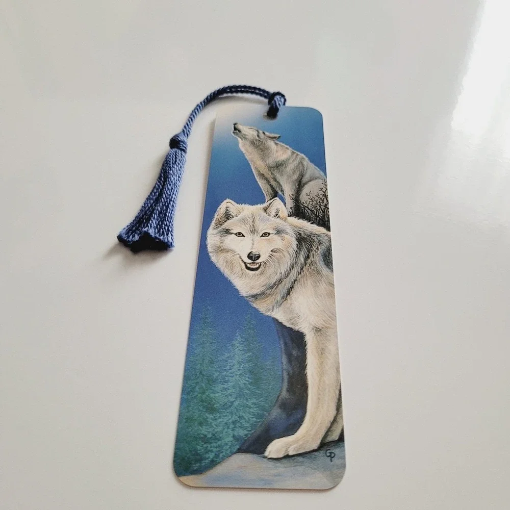 Vintage 90s Wild & Free Tassel Bookmark Gray Wolf dog howling 1995 Artworks WA01
